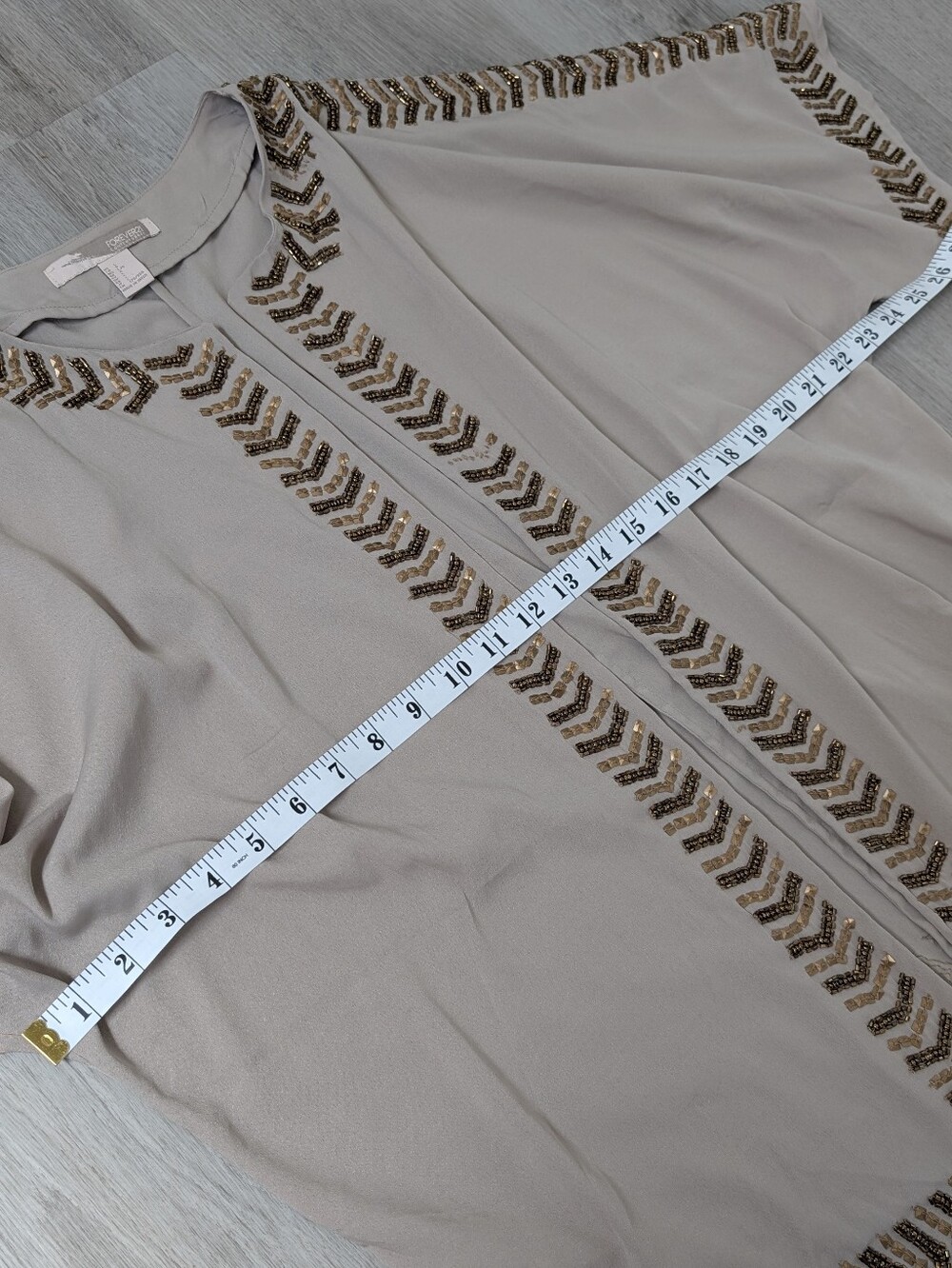 Forever 21 Boho Taupe Chevron Beaded Trim Open Front 3/4 Sleeve Kimono Jacket L - Picture 10 of 12
